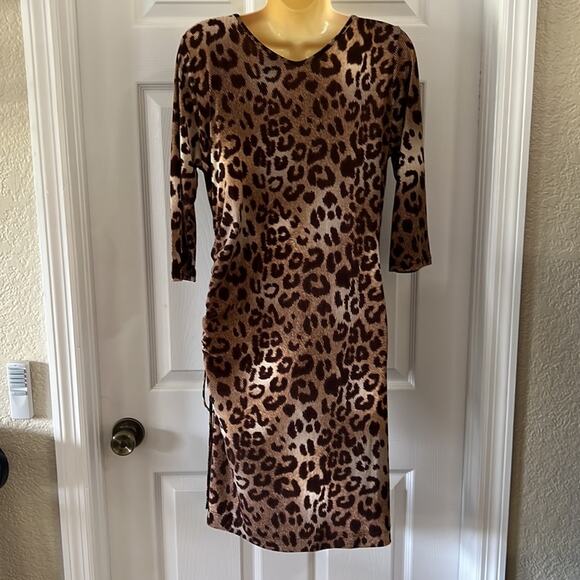 Clara Sun Woo Animal Print Slinky Knit Ruched Dress Woman Size Medium Faux Wrap - Picture 4 of 11